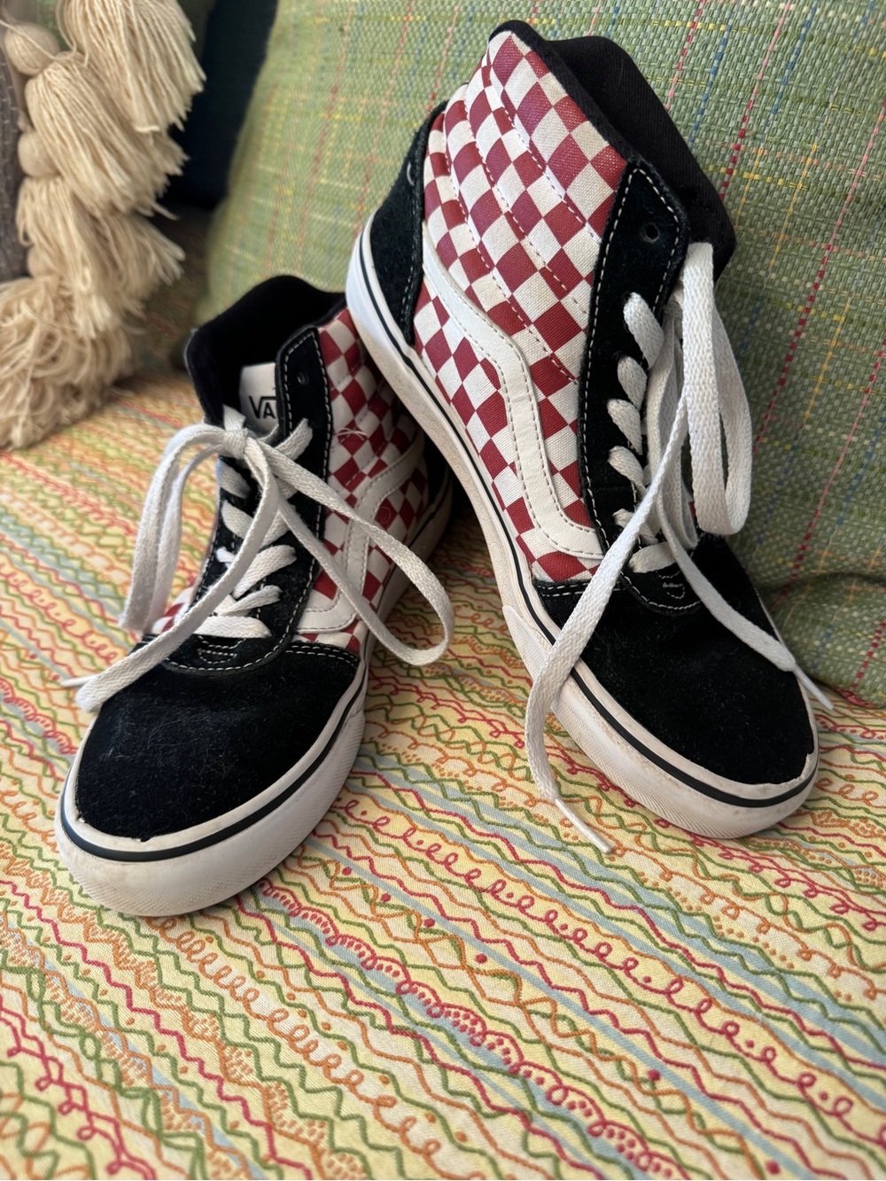 Vans Sk8-Hi High-Top Sneakers Red/Black Checkerboard Youth Size 4